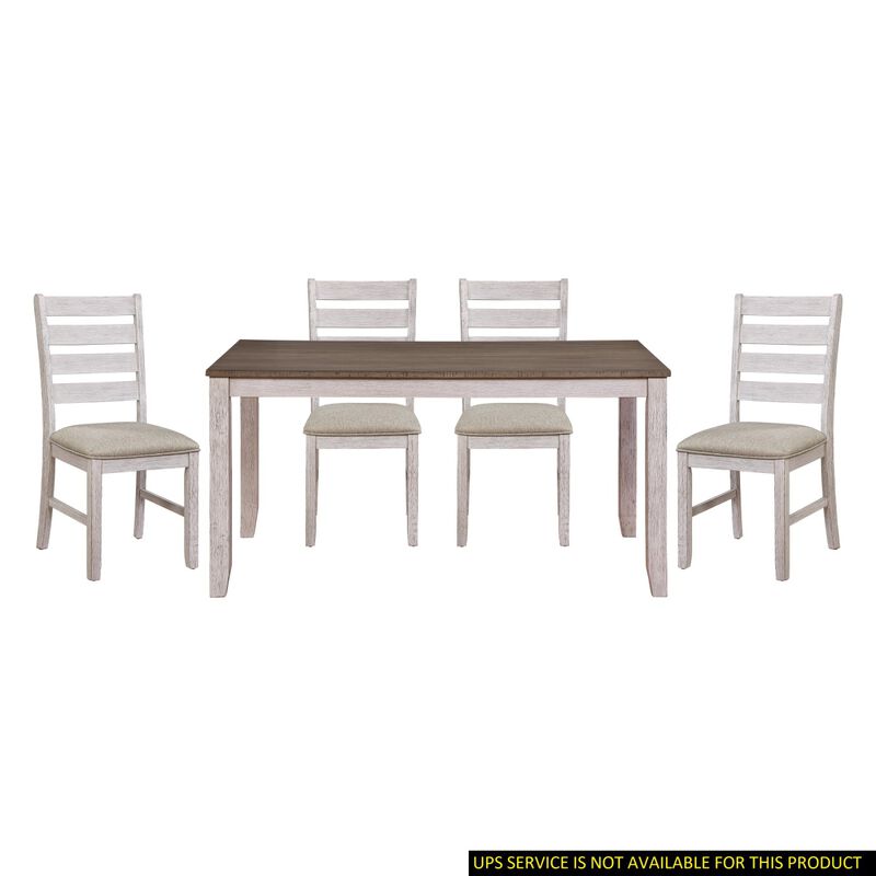 Grayish White and Brown Finish Casual Dining Room Furniture 5pc Dining Set Rectangular Wooden Table and 4x Side Chairs Fabric Upholstered Seat