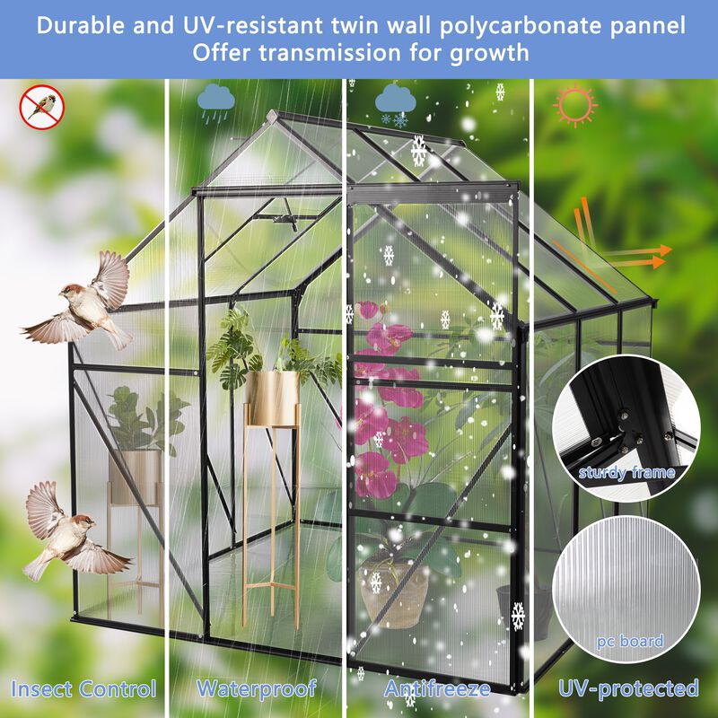 6X6FT BLACK Polycarbonate Greenhouse Raised Base and Anchor Aluminum Heavy Duty Walk-in Greenhouses image number 6