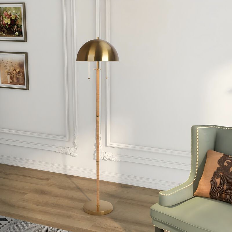 ELEMENT ACE Stylish Two-Light Floor Lamp with Natural Rattan Accents and Elegant Brass Finish for Modern Home Decor image number 1