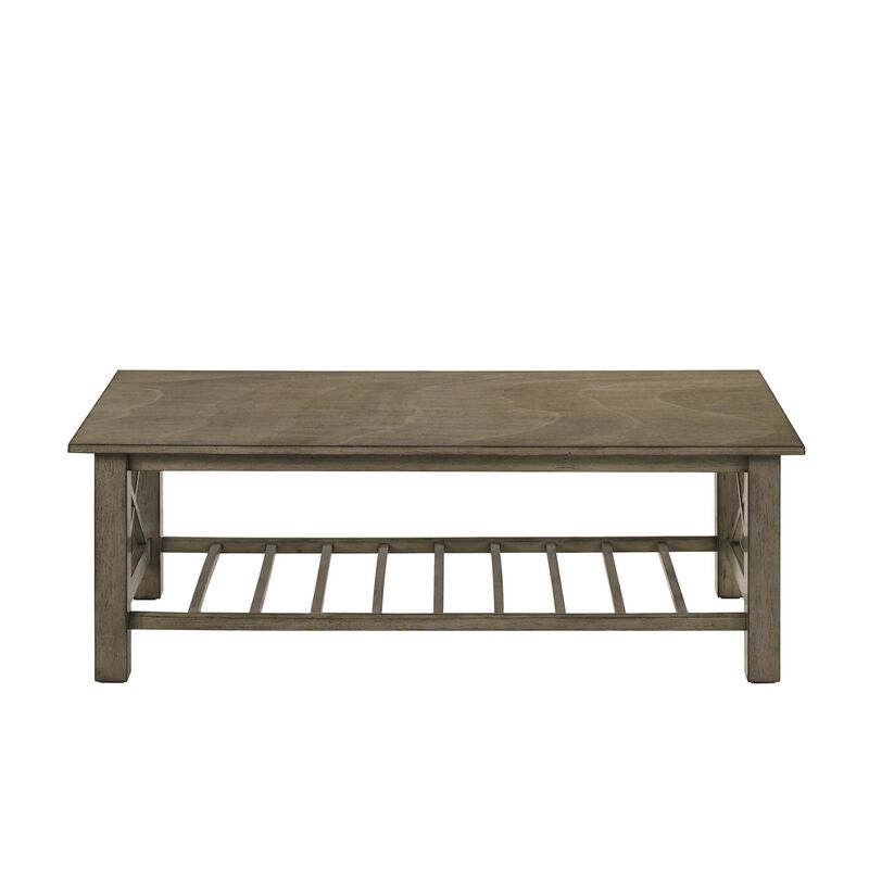 Viki 47 Inch Gray Coffee Table, Crossed Accents, Slatted Open Bottom Shelf-Benzara image number 2