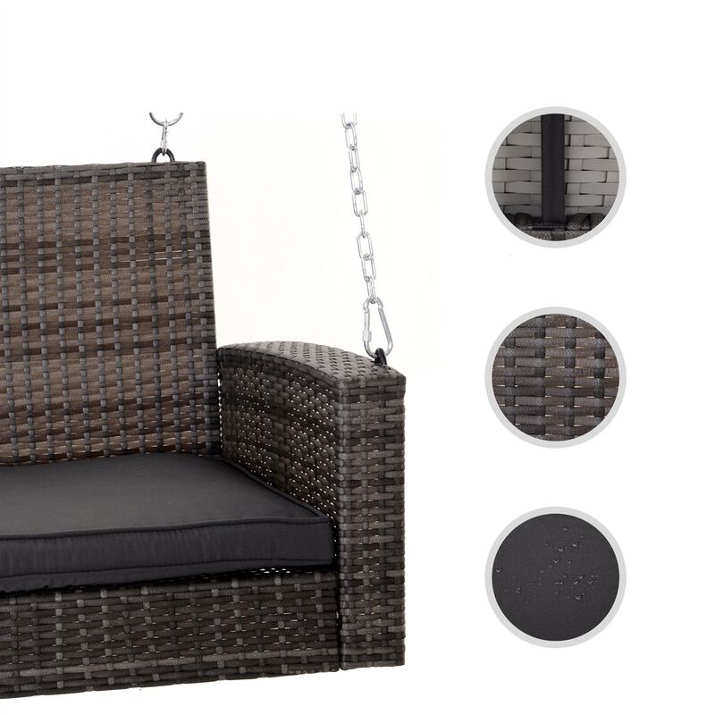 QuikFurn Grey Tones Wicker Porch Swing 7ft Hanging Chain with Dark Grey Padded Cushion