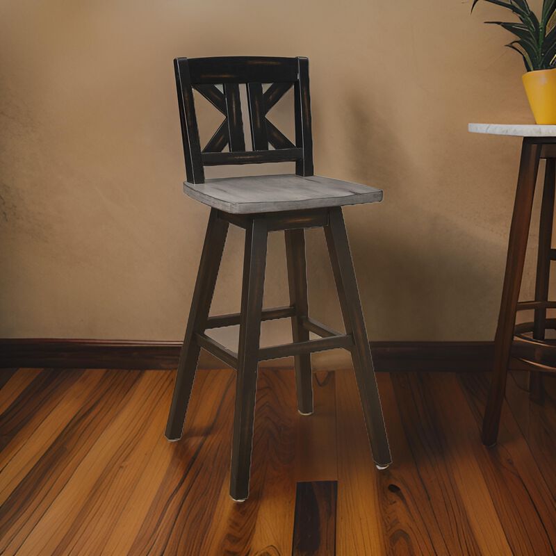Ati 29 Inch Bar Height Stool Swivel Chairs Set of 2, X Back, Distressed Gray, Black image number 1