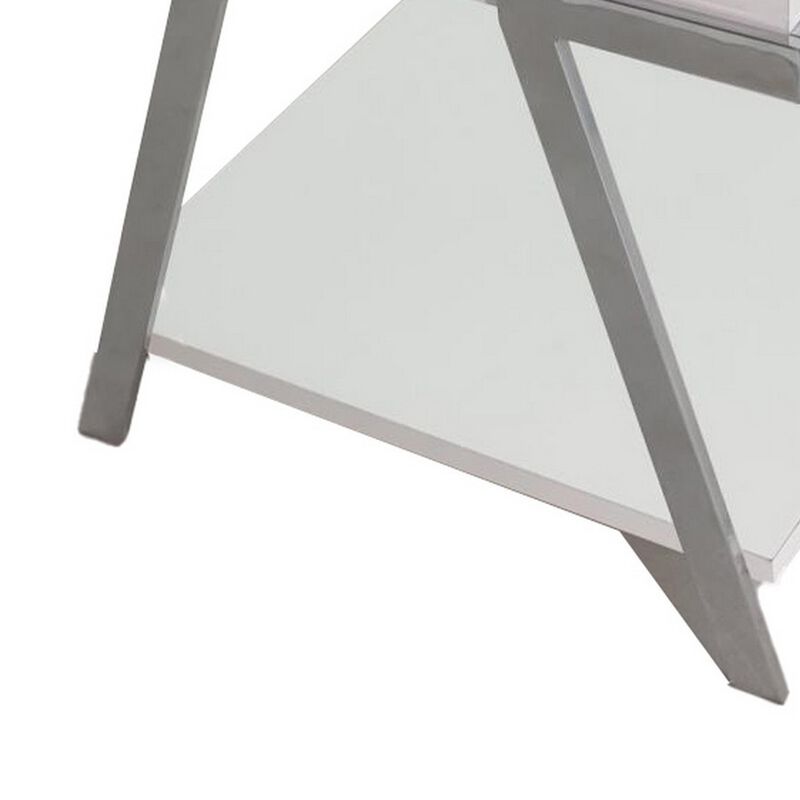 Casey 26 Inch End Table, Chrome Angled Metal Frame, Square Glossy White Top - Benzara