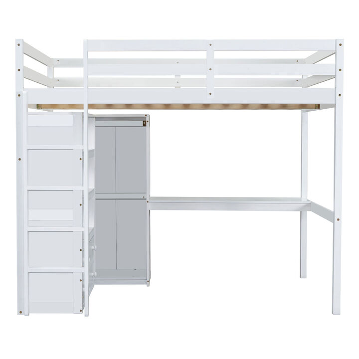 Whisen Full Size Loft Bed with Wardrobe, Desk & Drawers, Solid Wood, for Bedroom