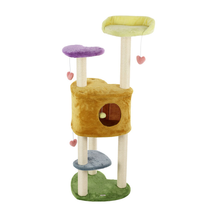 Aisling 51" 4-Tier Modern Sisal Heart Cat Tree with Scratching Posts, Napping Perch, and Dangling Toys, Multi
