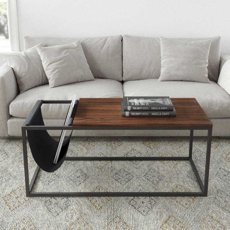 Homezia Modern Geo Black and Walnut Sofa Table with Magazine Holder
