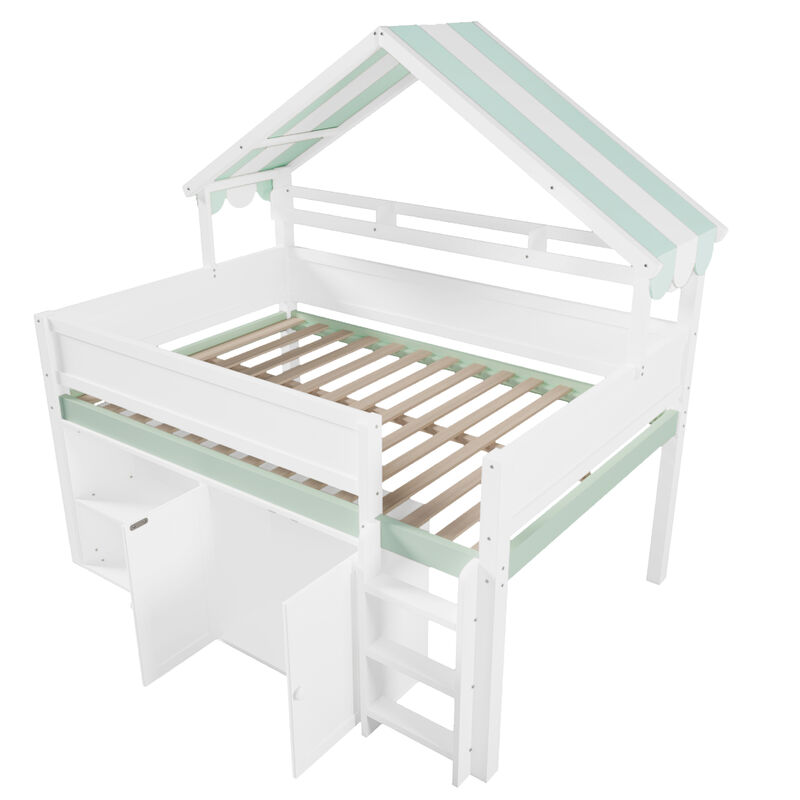 Merax Full Size Loft Bed with Canopy Roof and Storage Cabinet image number 4
