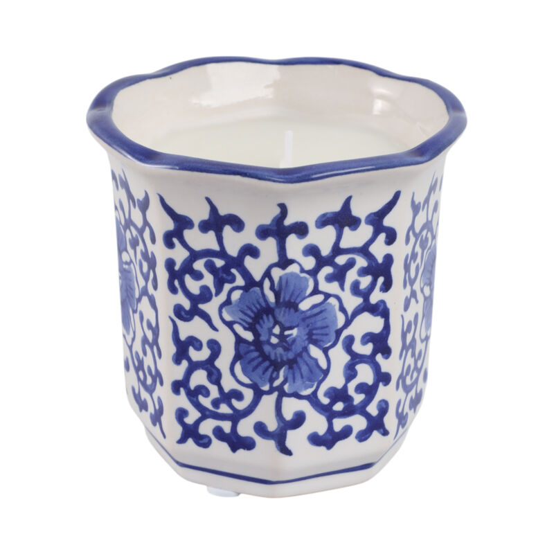 4", 6oz Fluted Chinoiserie Candle , Blue/white image number 3