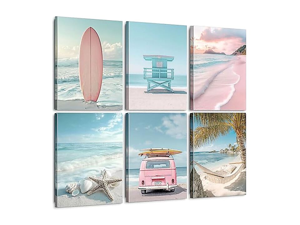 Pink Beach Scene Wall Art Surfboard 6 Pack Beachy Coastal Girls Tropical Days