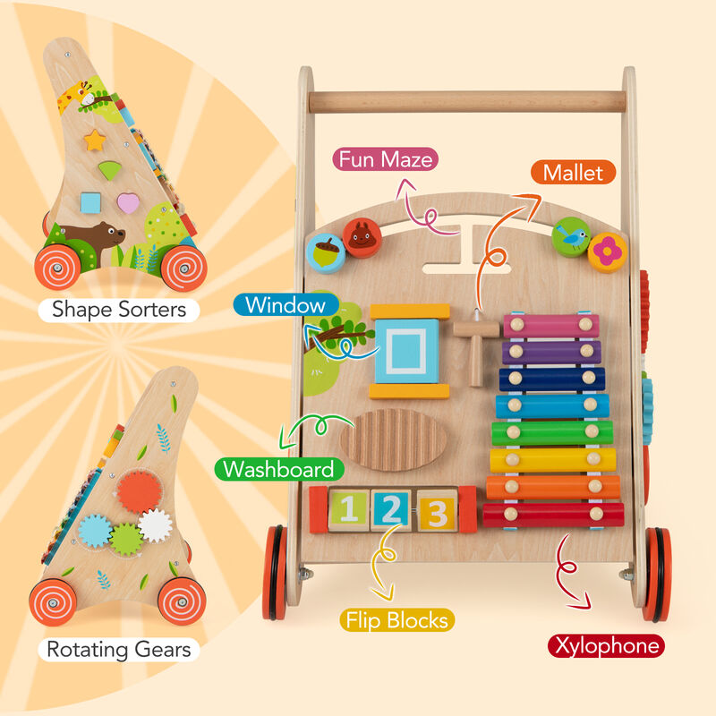 Toddler Push Walker with Handle and Storage Bin – Wooden Baby Learning Cart