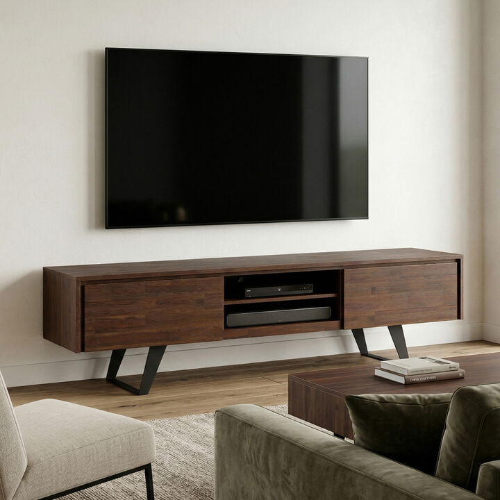 Lowry SOLID ACACIA WOOD 72 inch Wide Modern Industrial TV Media Stand in Distressed Charcoal Brown For TVs up to 80 inches