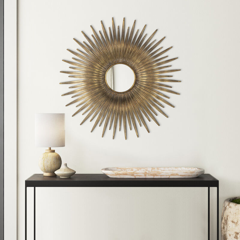 28 Inch Wall Mount Accent Mirror with Round Sunburst Iron Frame,  Gold - Benzara