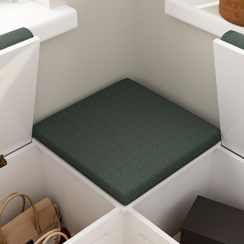 FUFU&GAGA White Storage Shoe Bench with Gray Cushioned Seat, P2 MDF, Multi-Compartment Design (63" W x 18.3" H x 63" D), White