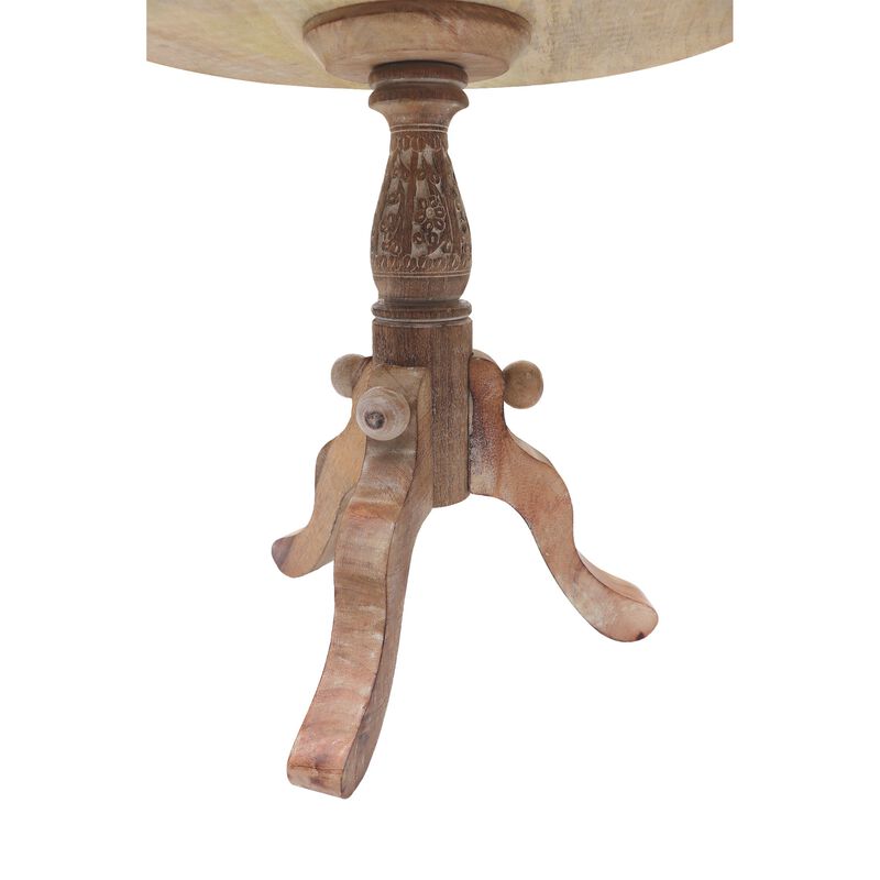 Intricately Carved Round Top Mango Wood Side End Table with Pedestal Base, Brown and White image number 4