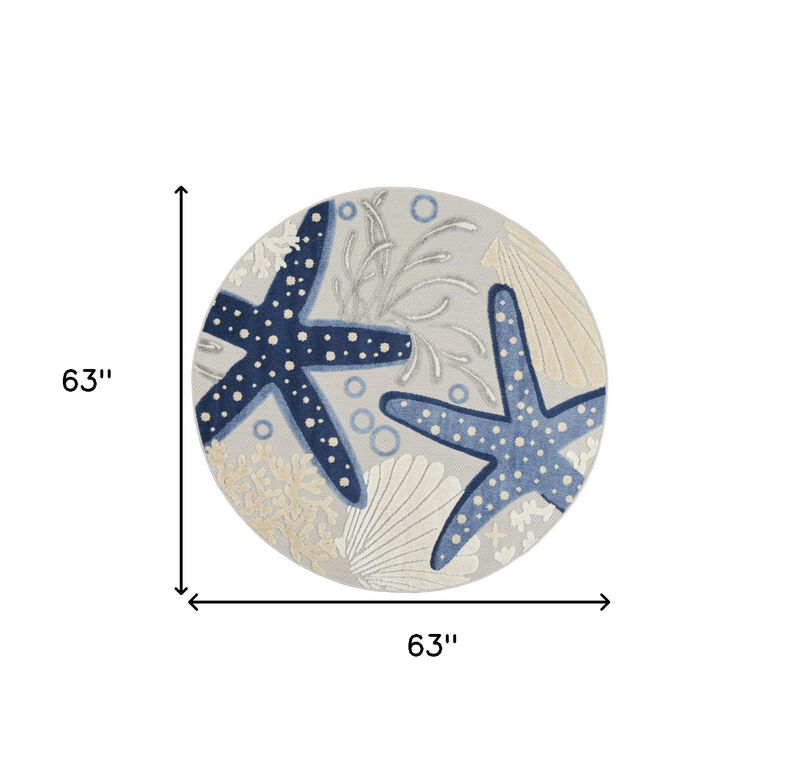 HomeRoots 5' Navy Blue And Gray Round Starfish Indoor Outdoor Area Rug image number 5