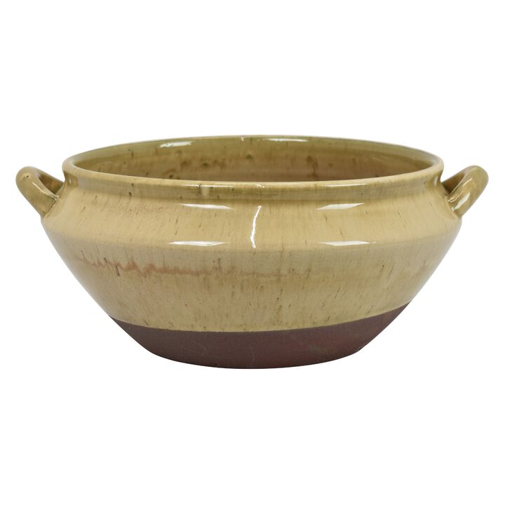 Decorative Serving Bowl, 2 Tone Rustic Brown Glazed Ceramic, 11 Inch