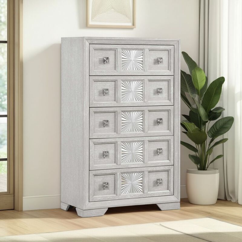 Diaz Tall Dresser Chest, 5 Drawers, Sunburst Metal Design, Light Gray - Benzara