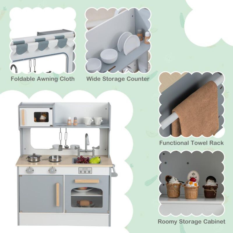 Hivvago Double Sided Kids Pretend Kitchen Playset with 2-Seat Cafe
