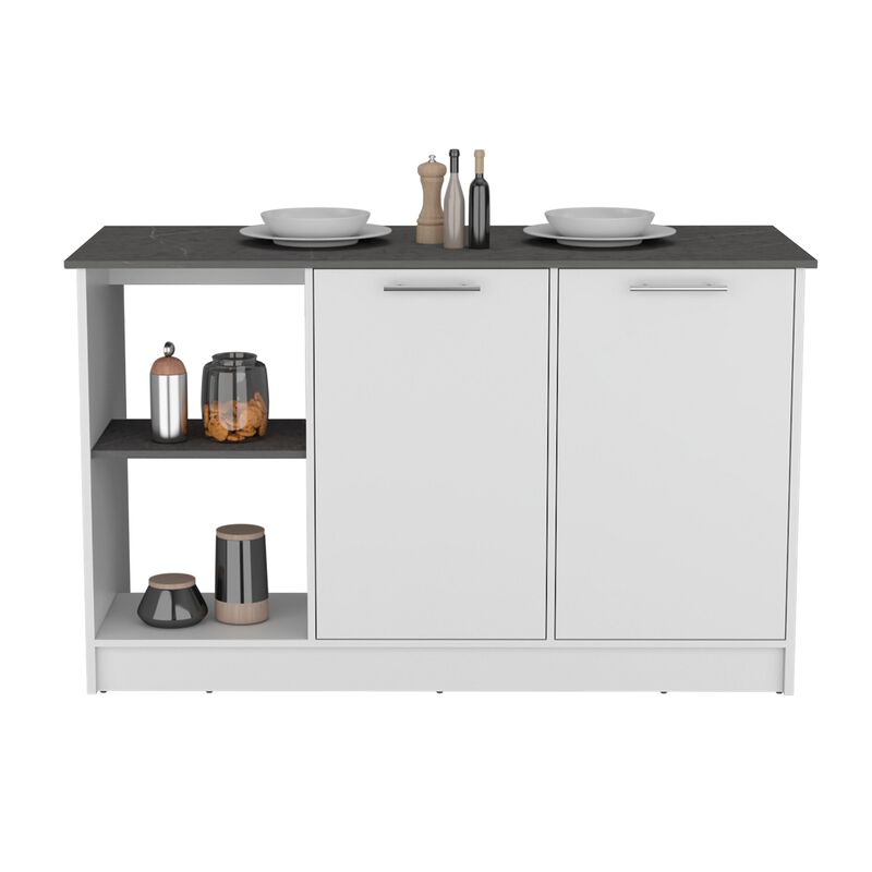 Coral Kitchen Island with Large Countertop, Open Storage Shelves and Double Door Cabinet, White / Onyx -Kitchen