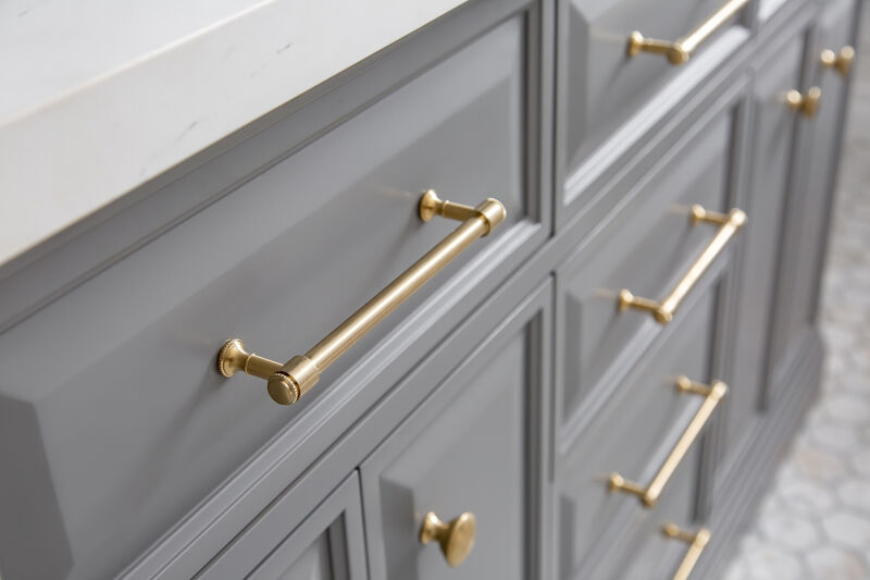 Palace 60 In. Double Sink Carrara Quartz Countertop Bath Vanity in Cashmere Grey with Satin Gold Hardware