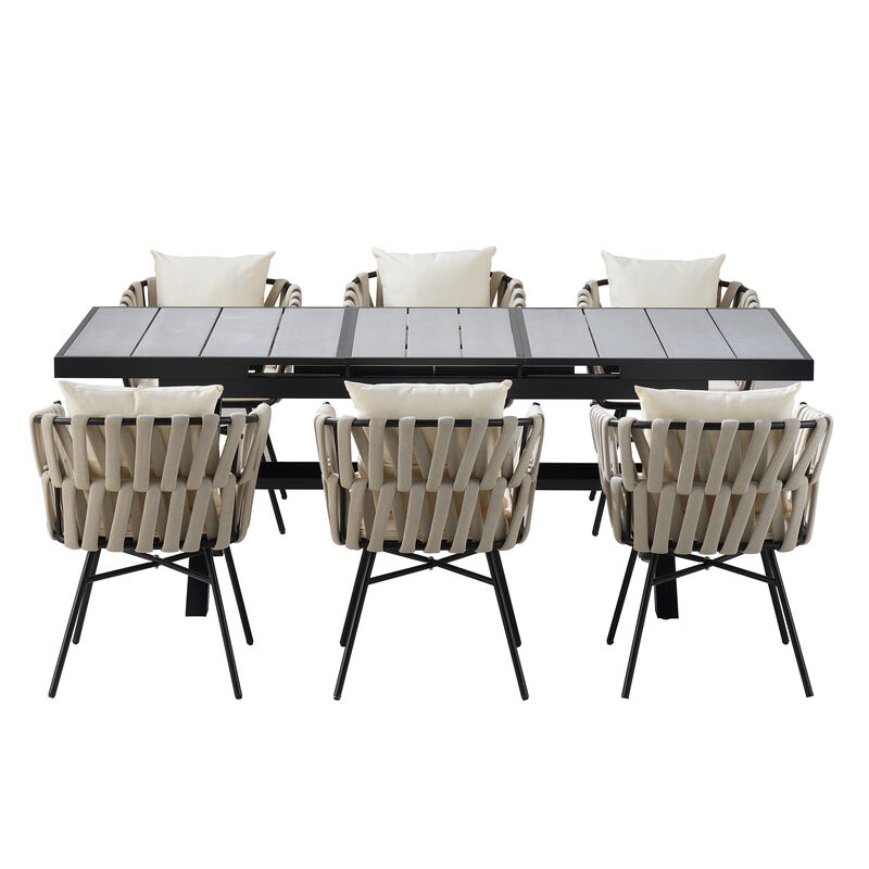 Whisen Modern 7-Piece Outdoor Patio Dining Set with Upholstered  Woven Tape Chairs and Extendable Table