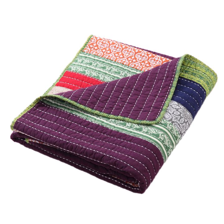 60 Inch Cotton Throw Blanket, Multi Color Stripes, Kantha Hand Quilting-Benzara