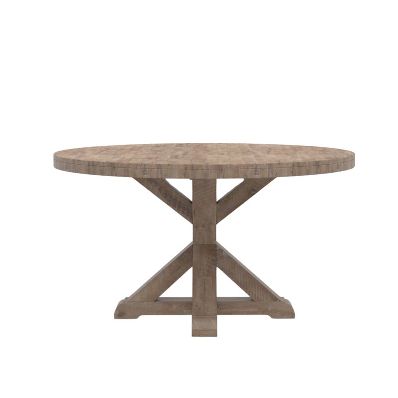 Bela Dining Table, 54 Inch Round Top w Solid X Base, Weathered Brown - Benzara image number 2
