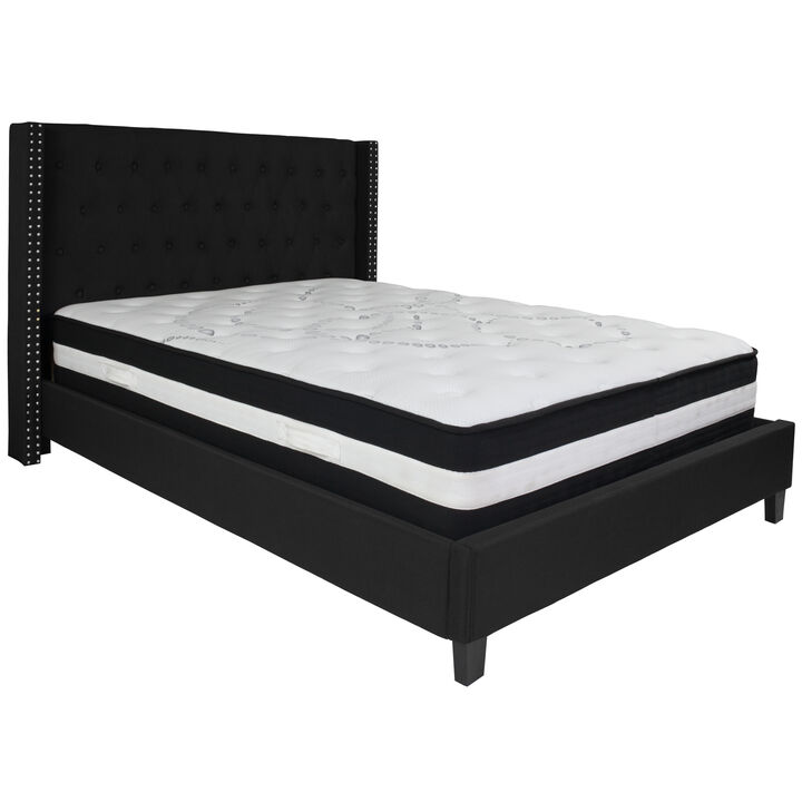 Riverdale Queen Size Tufted Upholstered Platform Bed in Black Fabric with Pocket Spring Mattress