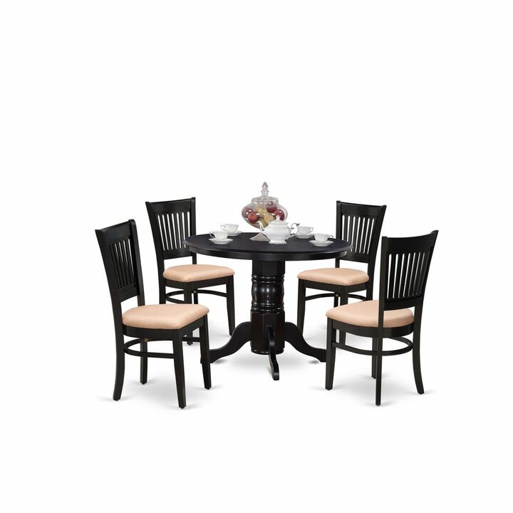East West Furniture - SHVA5-BLK-C - 5-Pc Kitchen Dining Set- 4 Modern Dining Room Chair and Round Kitchen Table - Linen Fabric Seat and Slatted Chair Back - Black Finish