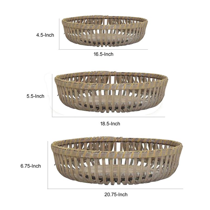 Set of 3 Decorative Baskets, Varying Sizes, Brown Natural Bamboo Fiber - Benzara