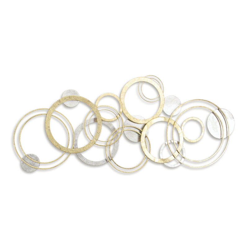 HomeRoots 18" X 44" Gold And Silver Geometric Metal Round Discs Hanging Dimensional Sculpture image number 4