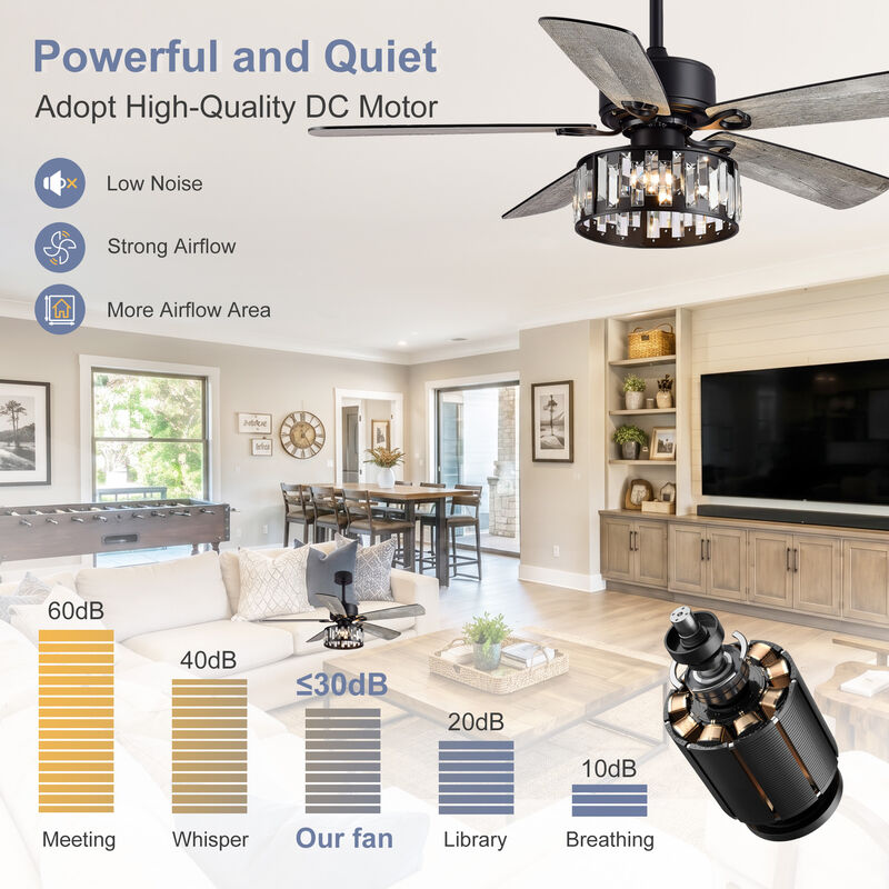 Breezary 52In Traditional Ceiling Fan with Light Kit, 5 Blades, E12 Bulbs need, 6 Speed, Reversible Indoor Ceiling Fan image number 5