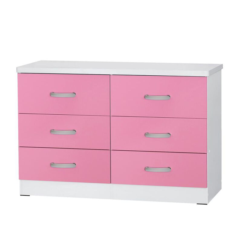Better Home Products DD & PAM 6 Drawer Engineered Wood Dresser in White and Pink
