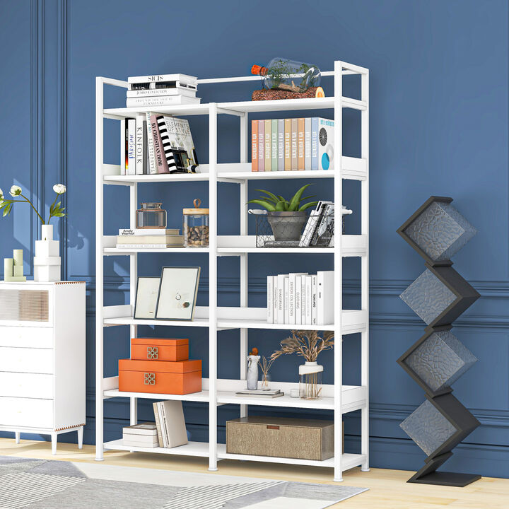70.8 Inch Tall Bookshelf MDF Boards Stainless Steel Frame, 6-tier Shelves with Back Side Panel, Adjustable Foot Pads