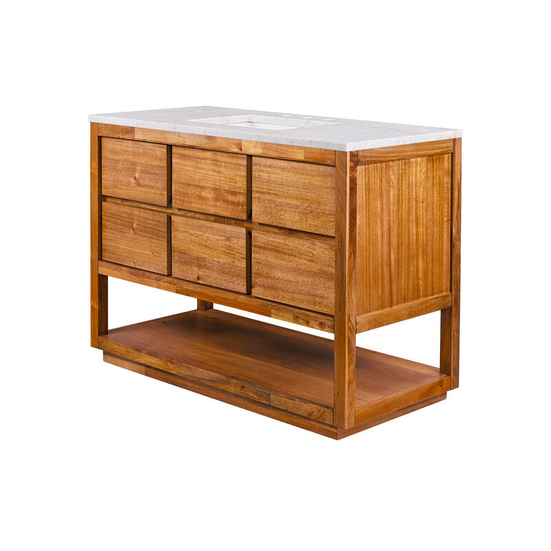 Oakman 48 In. Single Sink Carrara White Marble Countertop Bath Vanity in Mango Wood with Satin Gold Faucet