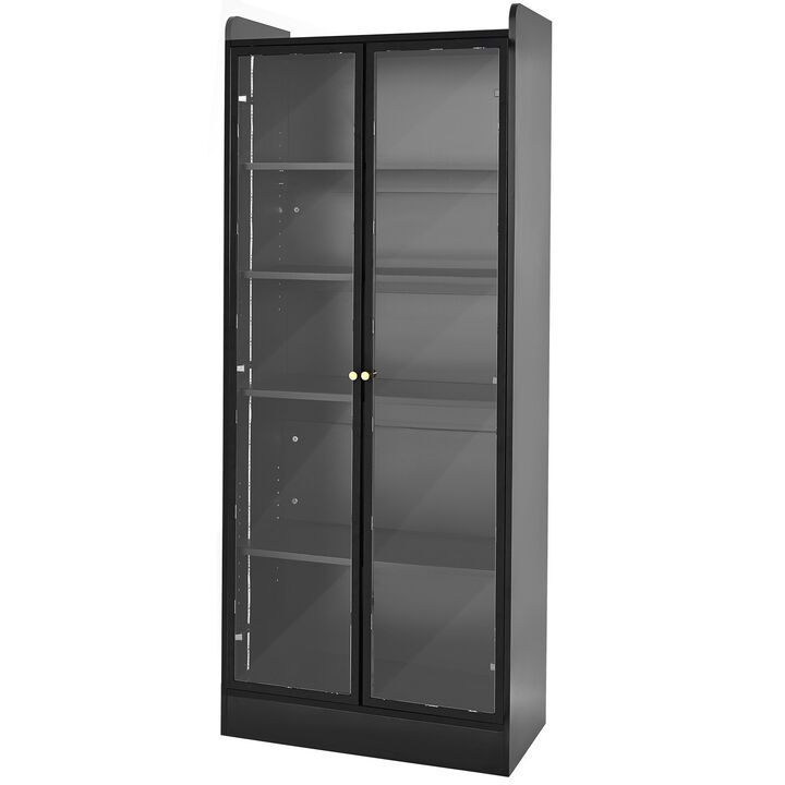 Lighted Display Cabinet with Glass Doors, 5-Tier Curio Bookcase with 2 Adjustable Shelves-Black