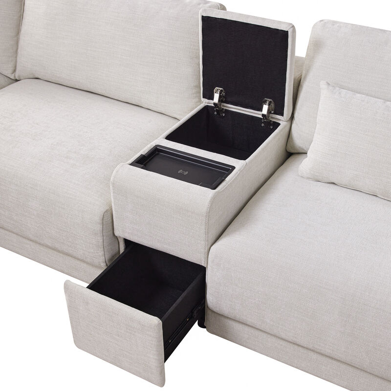 Whisen 124" L-Shaped Chenille Sectional with Storage Console, Chargers & Movable Ottoman image number 3