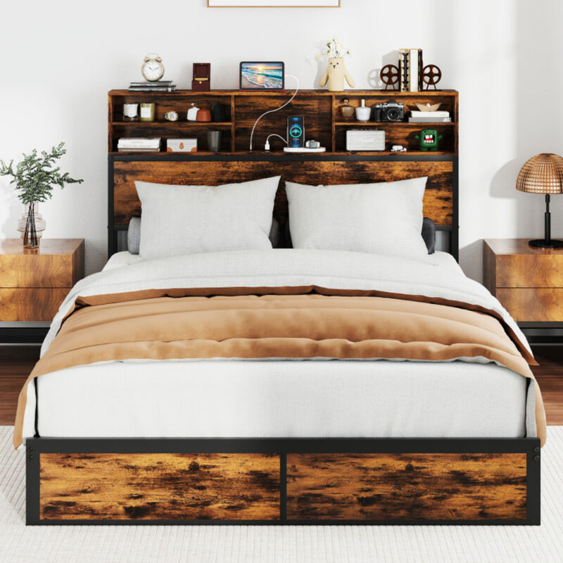 Queen size Platform Bed with Metal Frame and Built-In Headboard Storage image number 3