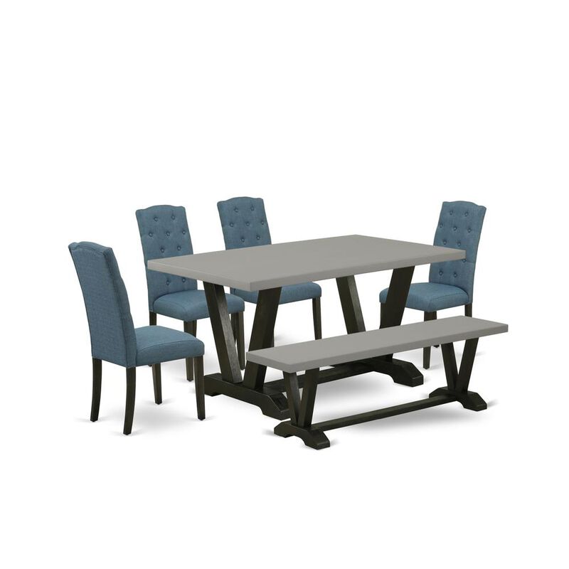 East West Furniture 6 Pc Table Set Consists of a Cement Kitchen Table and a Dining Room Bench, 4 Blue Linen Fabric Modern Dining Chairs with Button Tufted Back - Wire Brushed Black Finish