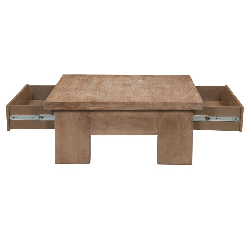 Les 36 Inch Square Coffee Table with Panel Legs, 2 Storage Drawers, Matte Brown Mango Wood, Black Handles image number 2