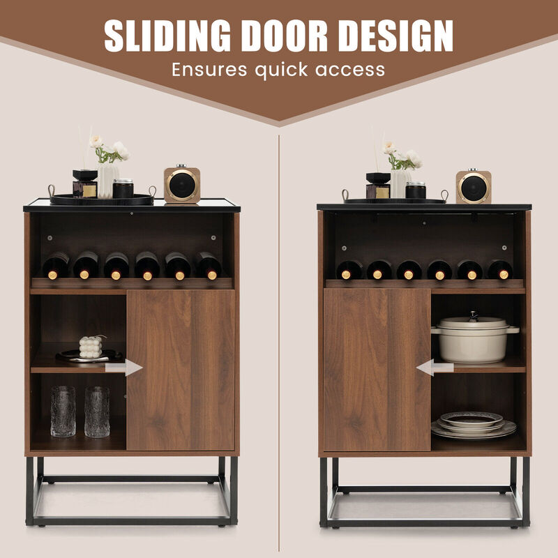 Wine Storage Cabinet Buffet Sideboard with Adjustable Shelf and Sliding Door-Brown