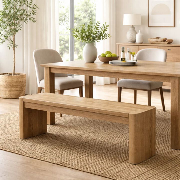 Edey Dining Bench, Rounded Corners, 51 Inch Oak Brown Solid Rubberwood