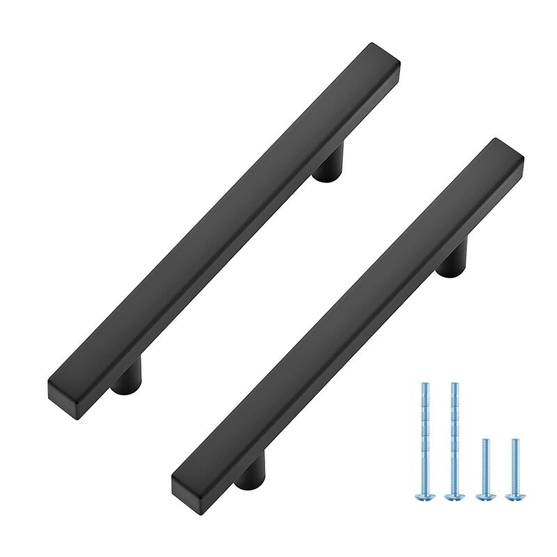 5 Pack 6 Inch Matte Black Cabinet Handles, Square Kitchen Hardware for Cabinets & Drawers, Stainless Steel Pulls with 3-3/4 Inch