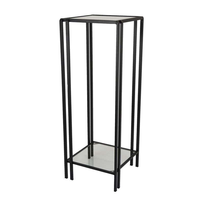 Buckley Plant Stand Table, Black Metal, Square Mirrored Top, 34 Inch - Benzara