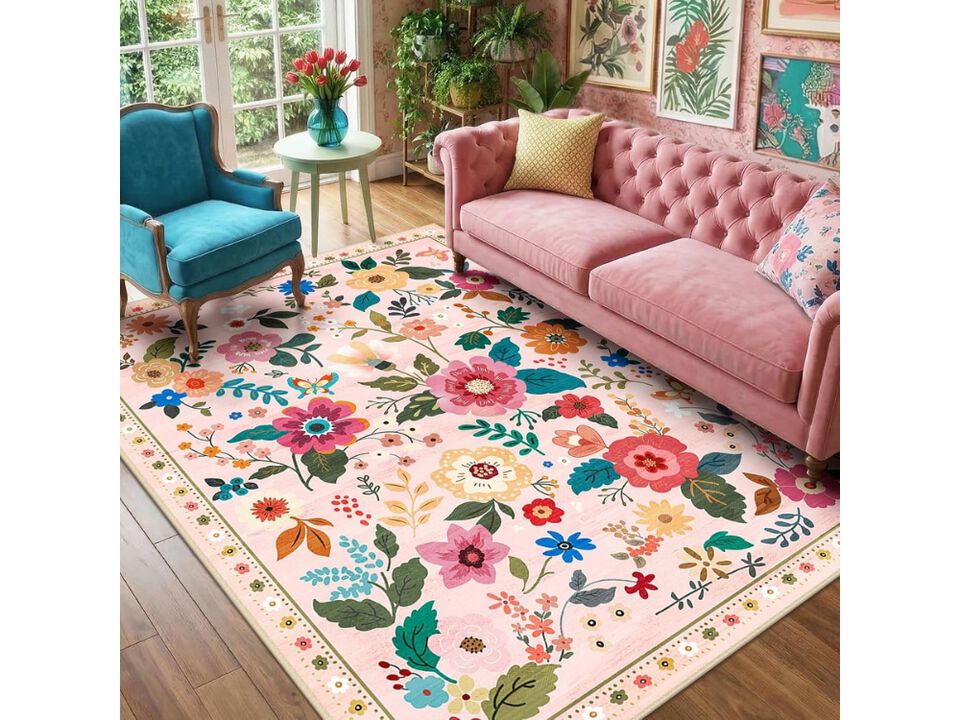 Pink Floral Washable Area Rug 5 by 7 Non Slip Boho Living Room Carpet