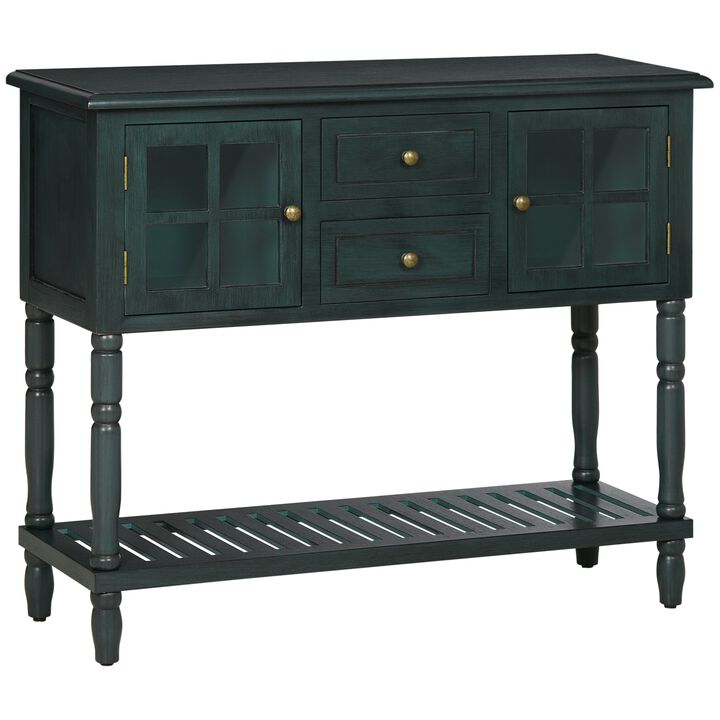 Vintage Console Table with 2 Drawers and Cabinets, Retro Sofa Table for Entryway, Living Room and Hallway, Vintage Blue
