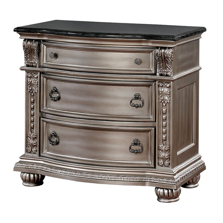 Solid Wood with Marble Top Nightstand with Three Drawers, Silver-Benzara
