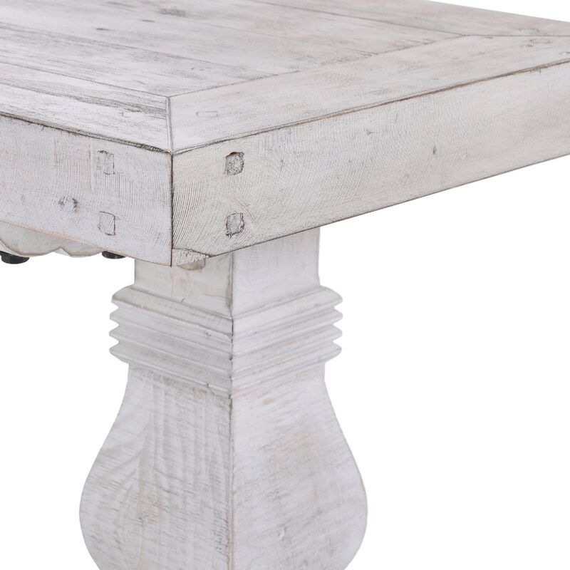 Kai 83 Inch Reclaimed Pine Dining Bench, Turned Pedestals, Antique White-Benzara