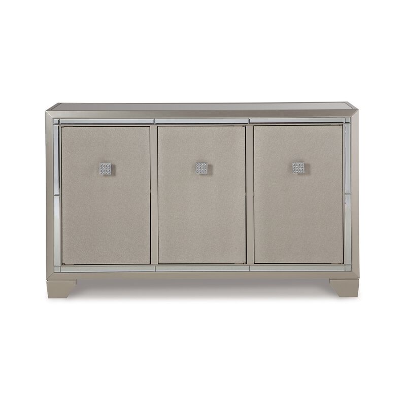 Sideboard Cabinet, Mirrored Top, 54 Inch, Adjustable Shelves, Silver  - Benzara