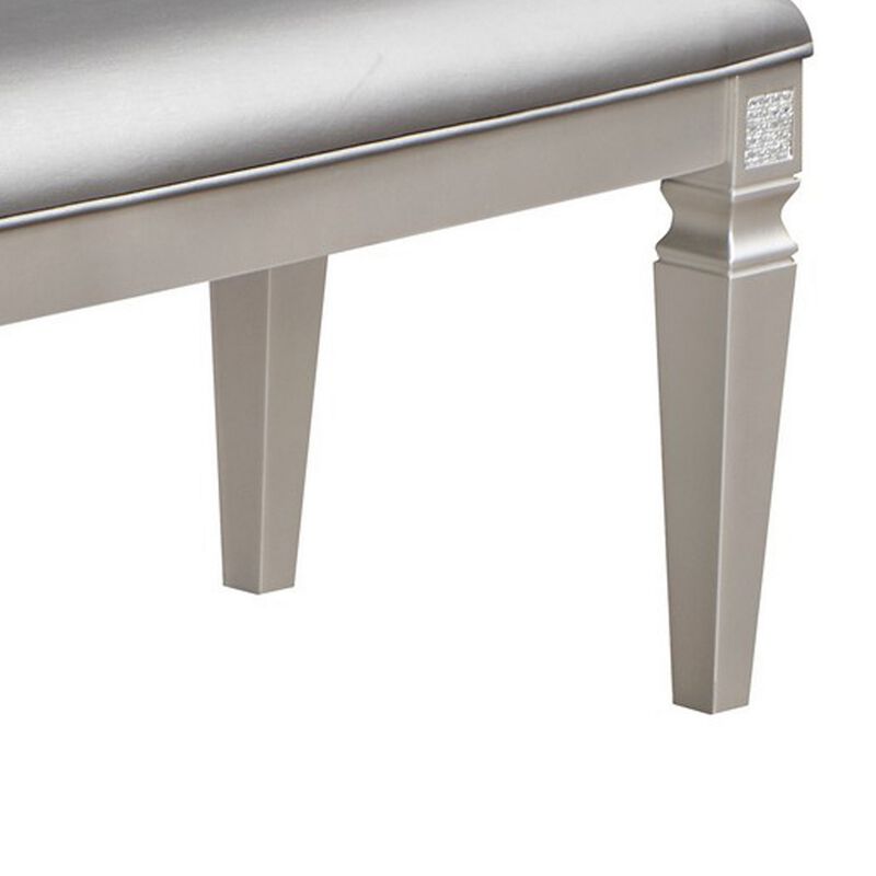 Scott 60 Inch Dining Bench, Sparkling Silver Gray Faux Leather, Wood Frame - Benzara